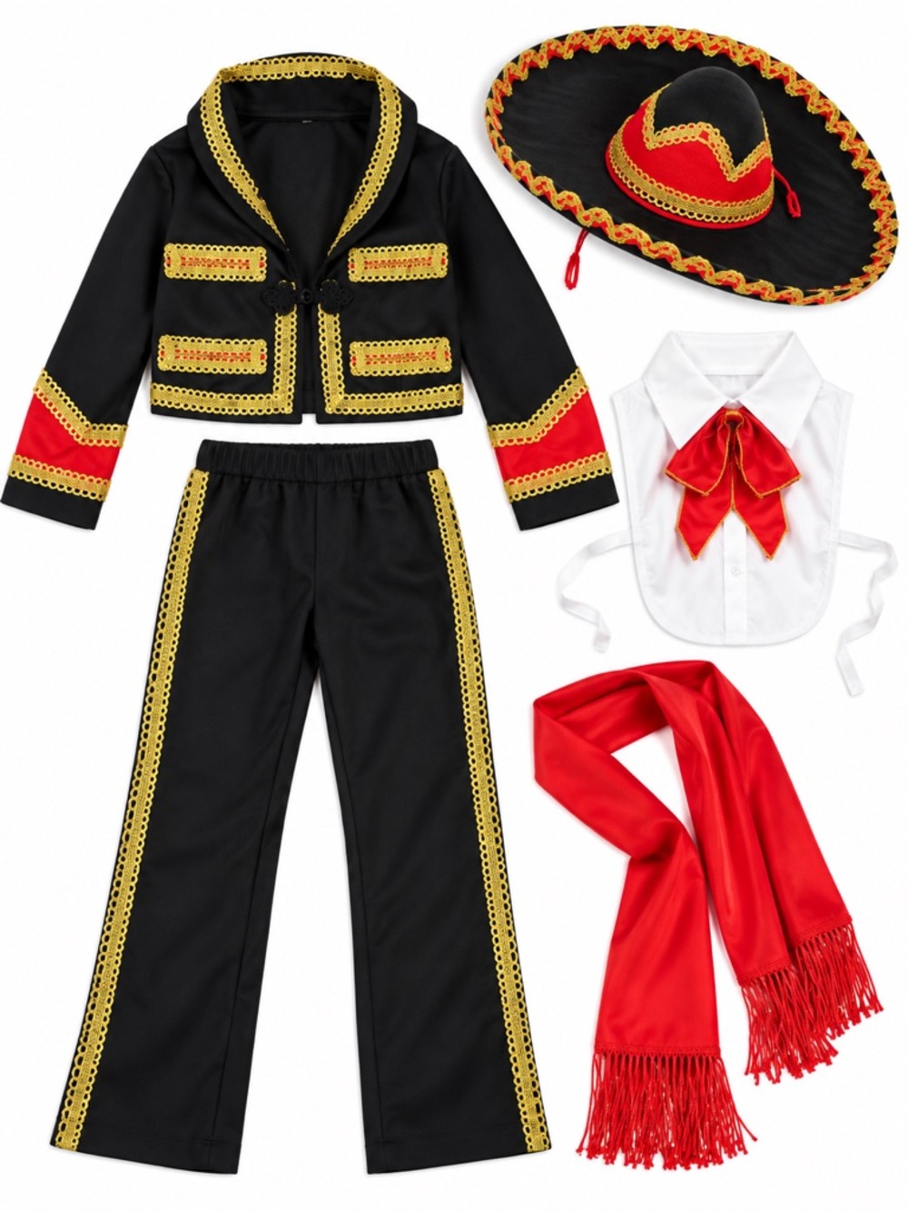 Kids Black and Red Mariachi Costume Set with Gold Trim | Size Small